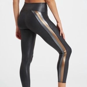 Spanx ankle faux leather leggings with gold and silver stripes